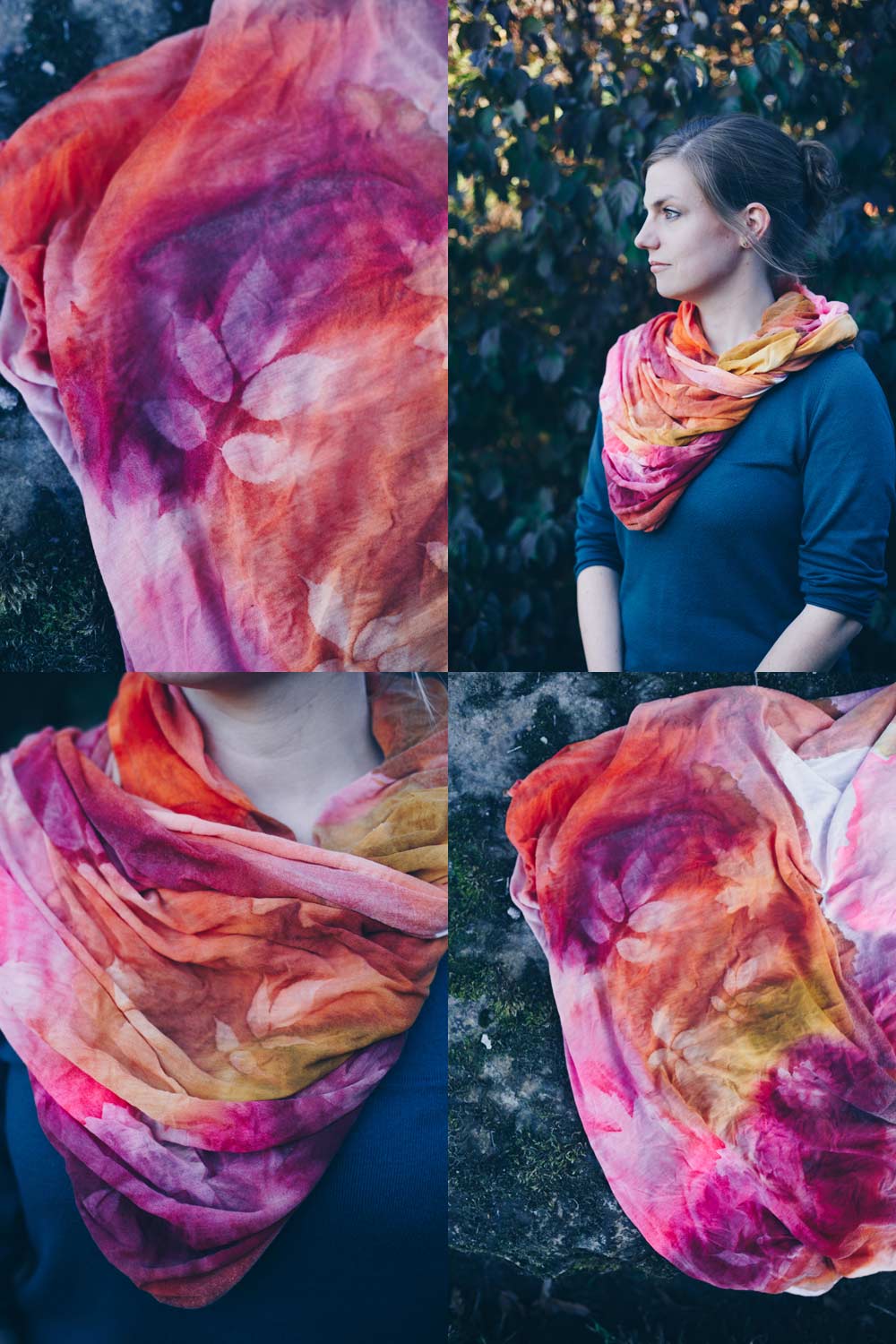 Dye your DIY loop scarf with silk dye - watercolor look - bleach fabric in the sun with a leaf pattern