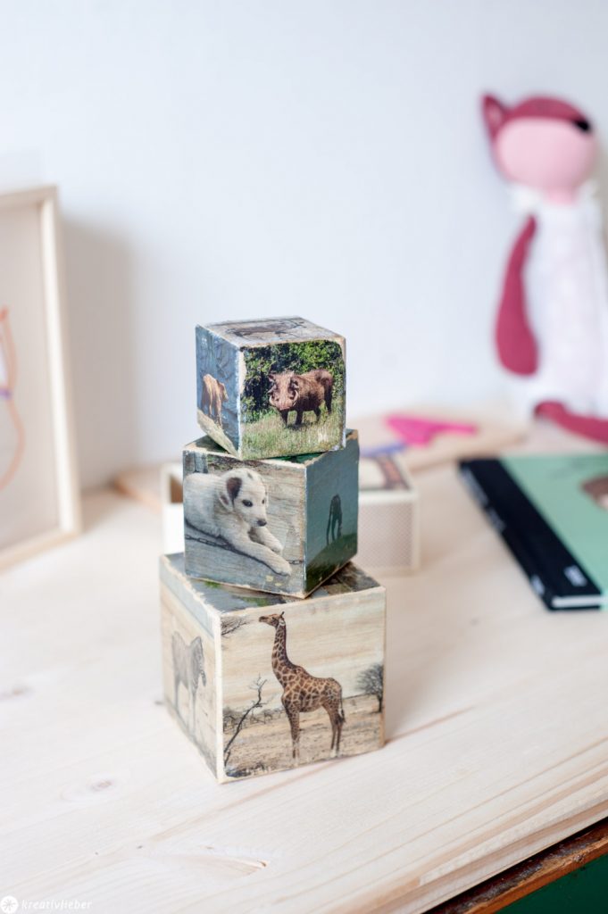 DIY Tierfotos auf Holzwürfel übertragen Geschenkidee für Kinder Dekoration