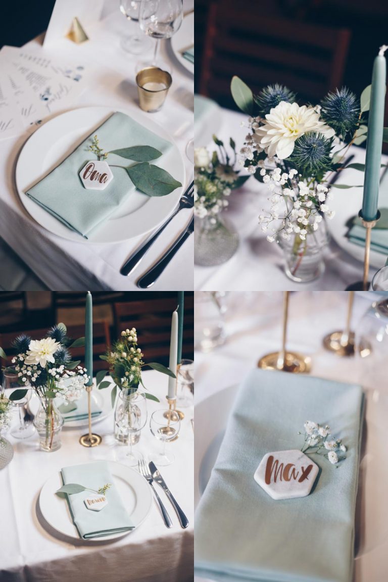 DIY Hexagon Tischkärtchen aus Marmor mit goldener Schrift selbermachen