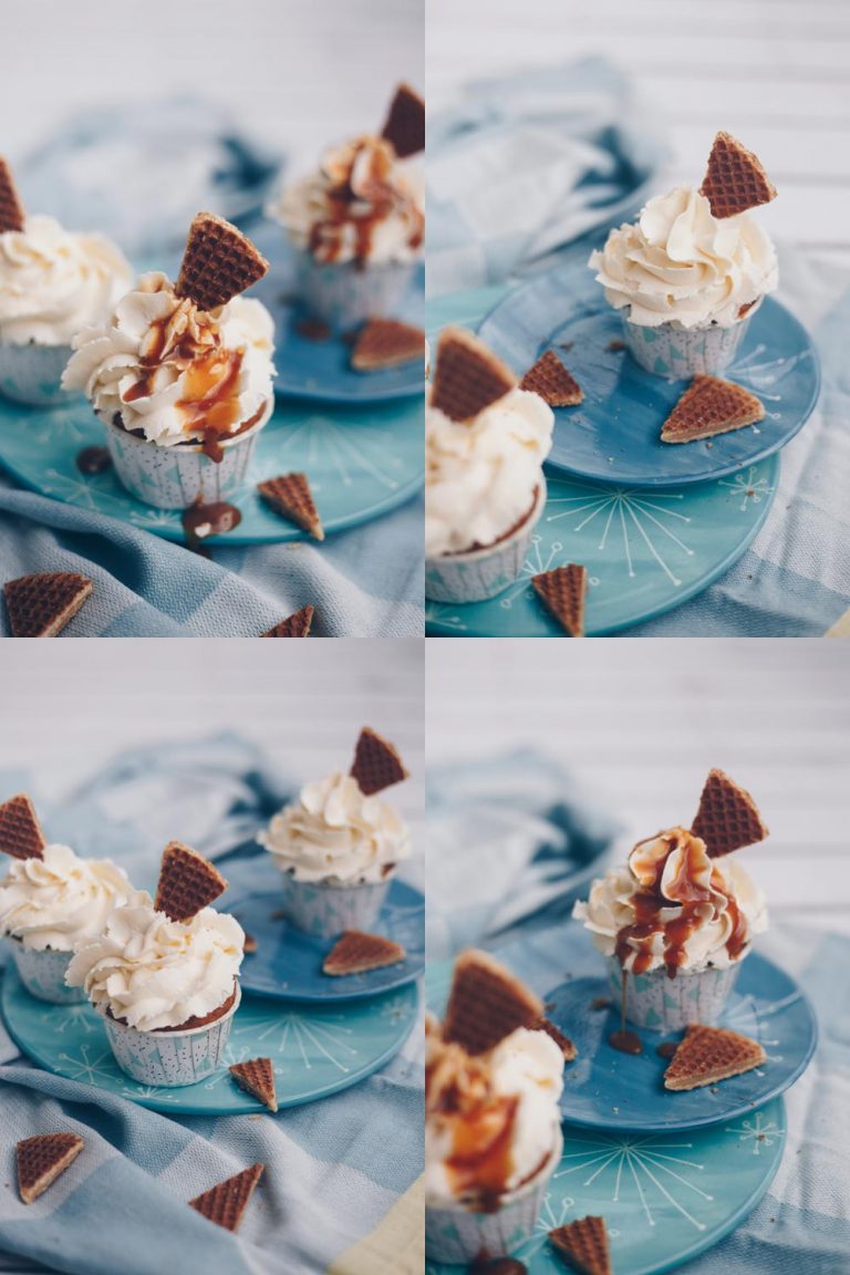 Stroopwafel Cupcakes mit Karamellwaffeln, Karamellsoße und Frischkäse