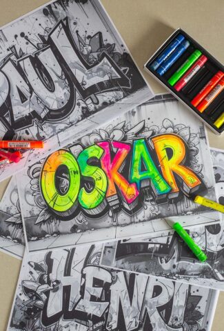 Personalisierte Graffiti Bilder zum Kindergeburtstag mit Neonfarben Graffiti Ausmalbilder