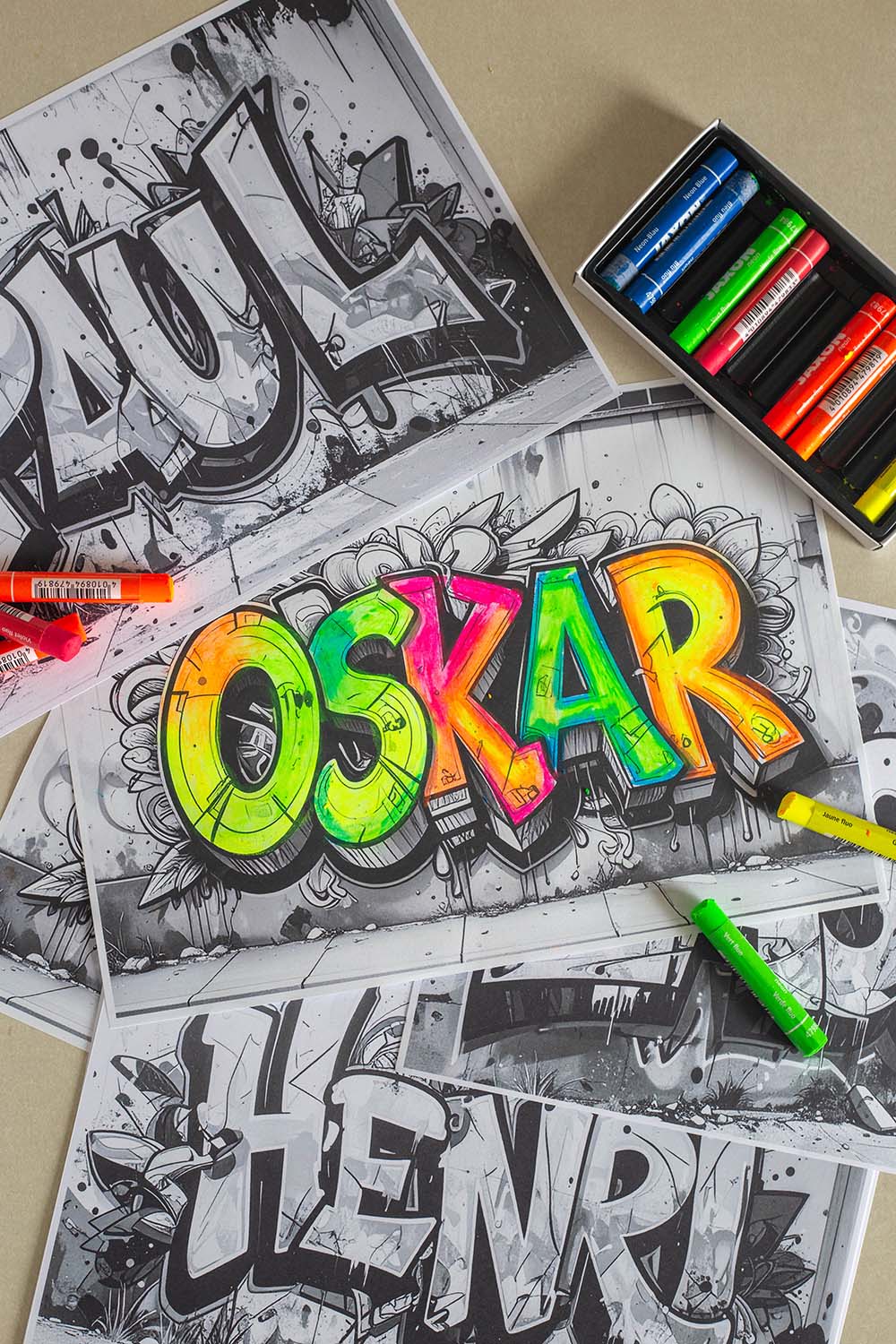 Personalisierte Graffiti Bilder zum Kindergeburtstag mit Neonfarben Graffiti Ausmalbilder