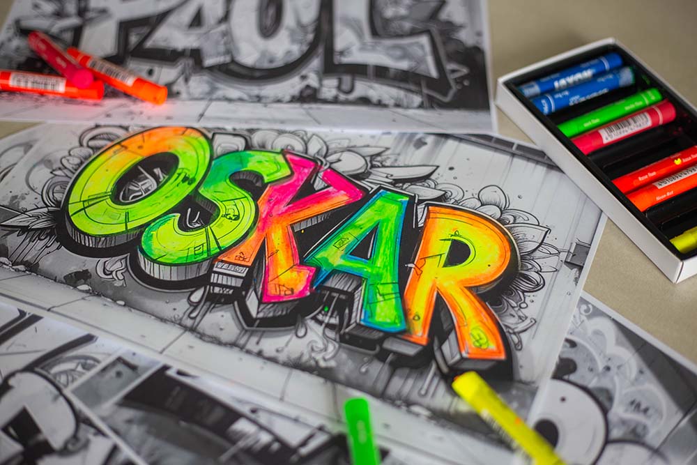 Personalisierte Graffiti Bilder zum Kindergeburtstag mit Neonfarben