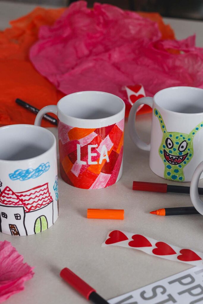 Tassen bemalen zum Kindergeburtstag kreative Bastelaktion mit Porzellanstiften